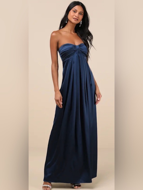 Lulus Dresses & Skirts - Lulu's Strapless Midnight Blue Satin Pleated Gown